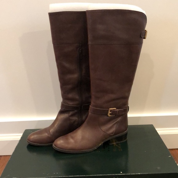 Ralph Lauren 7B Melora Dark Brown Burnished Calf Leather Boots - Picture 5 of 9